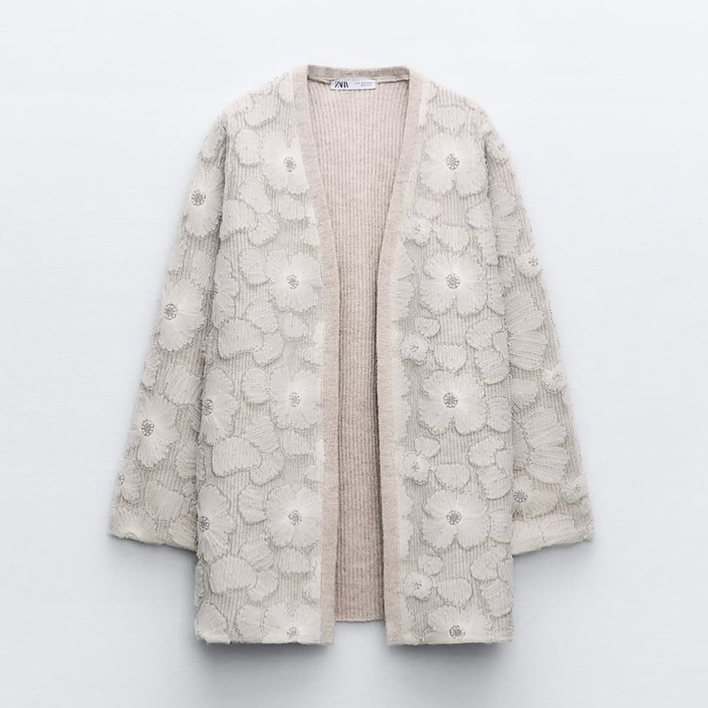 ZARA Floral Pearl Embellished Knit Cardigan – Beige / Cream - Picture 9 of 9